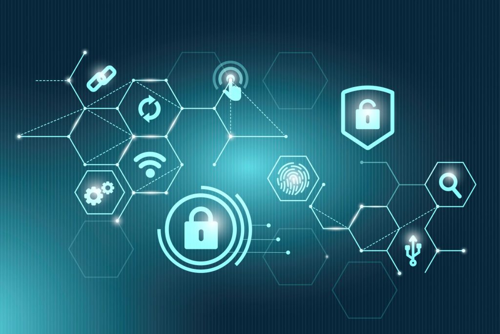 imagem criada digitalmente, com elementos da tecnologia. seu fundo possui diversas nuances de verde água e azul petróleo, em degrade. Conta com ilustrações de hexagramas em linhas iluminadas e em tom neon. Dentro de alguns hexagramas existem elementos como engrenagens, digital, conectores e lupas. Há um círculo com um cadeado de segurança de dados na parte inferior esquerda, próxima ao centro.