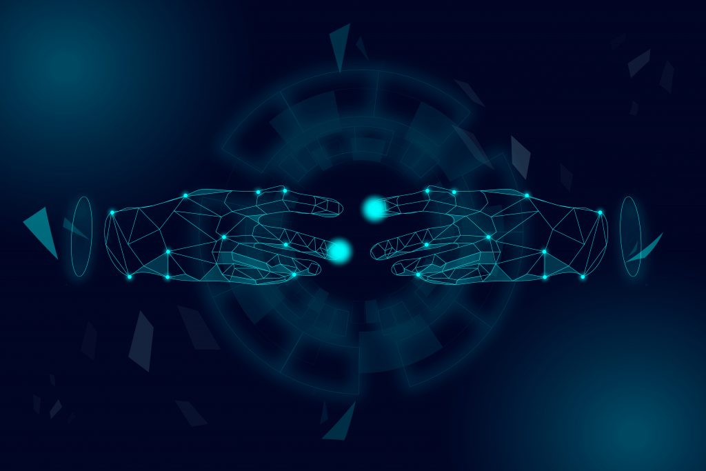 Mãos computadorizadas se tocando, demonstrando inovação disruptiva