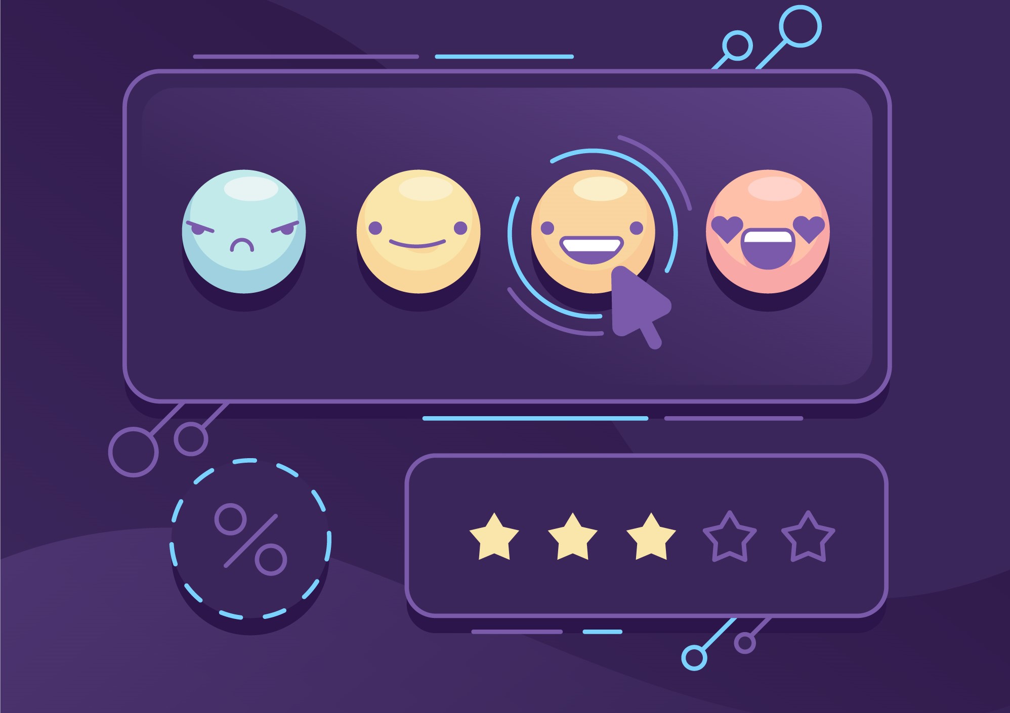 Imagem criada digitalmente por meio de vetores na qual encontramos uma sequência de emojis que expressão uma pesquisa de satisfação do cliente, ilustrando assim o texto 