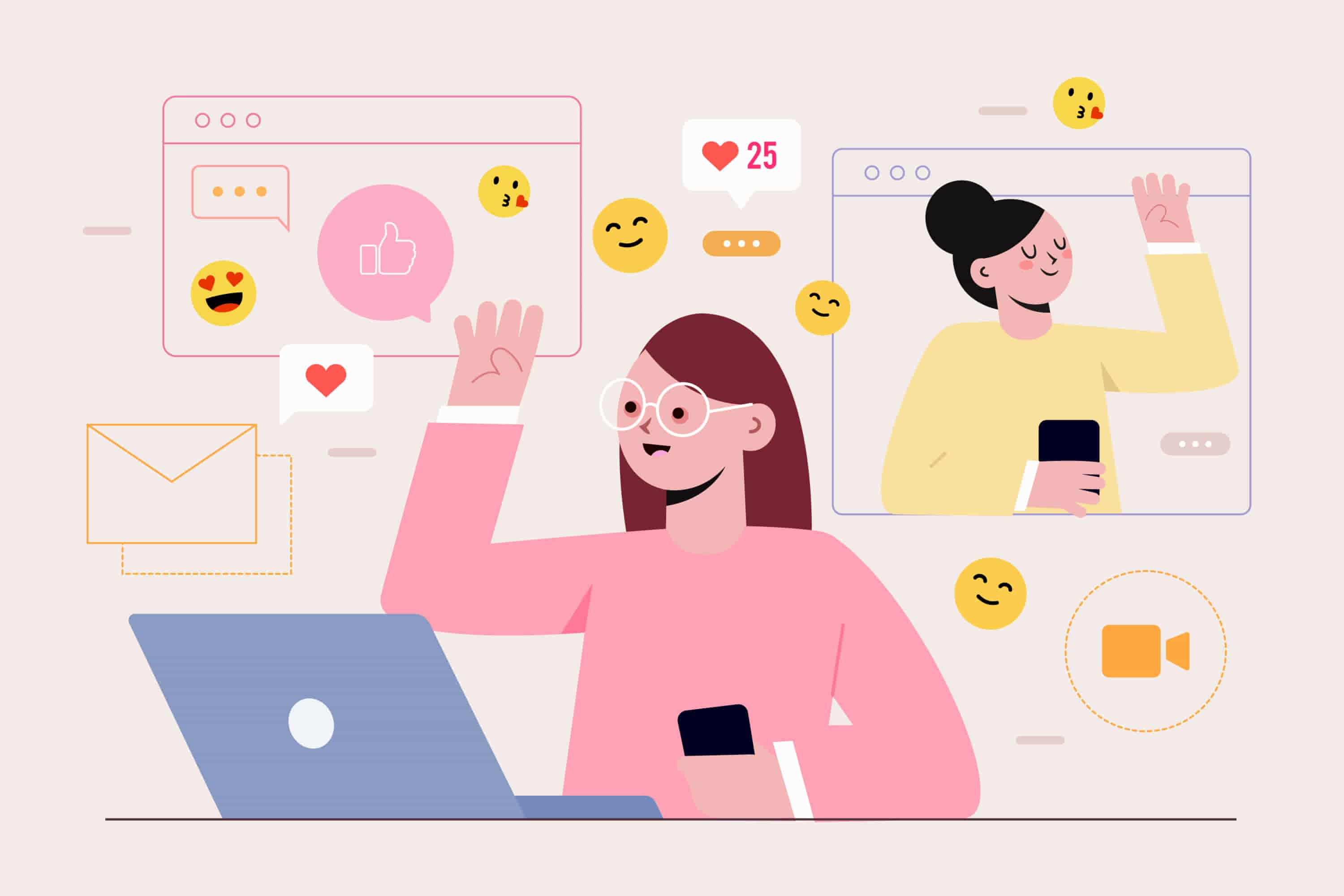 Imagem criada digitalmente por meio de vetores, na qual é possível identificar uma mulher em frente ao notebook segurando um smartphone. No canto superior direito, vemos outra mulher segurando um smartphone. As tecnologias envolvidas representam a linguagem natural envolvidas nos recursos apresentados.