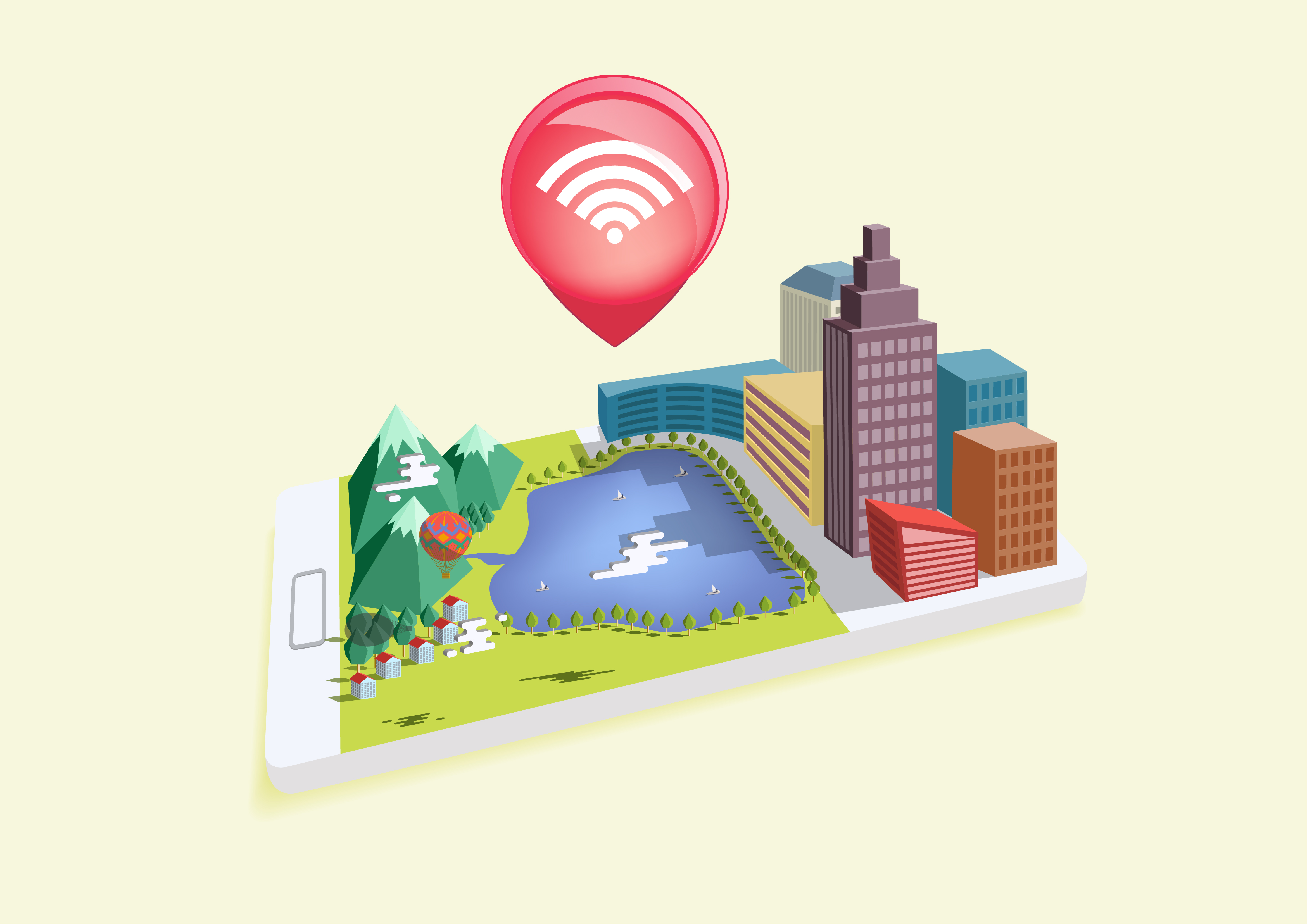 Imagem criada digitalmente composta por uma cidade em 3D feita em cima de um smartphone. A cidade conta com um grande lago e uma área verde, além do símbolo do wi-fi logo acima do aparelho, demonstrando a importância de uma cidade digital.