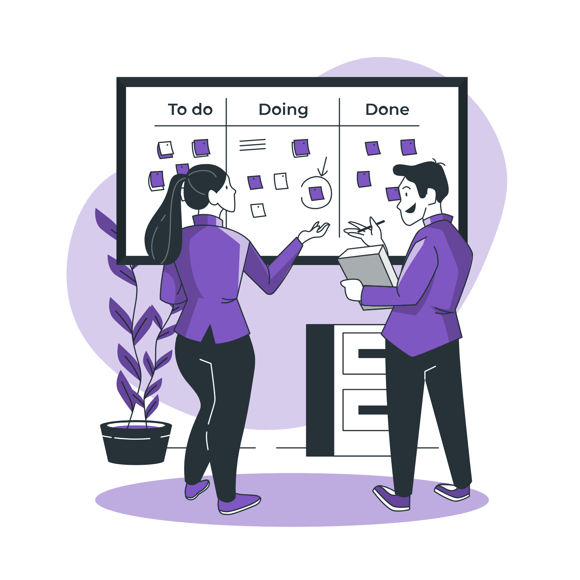 Imagem vetorizada mostrando duas pessoas adicionando post its em um quadro