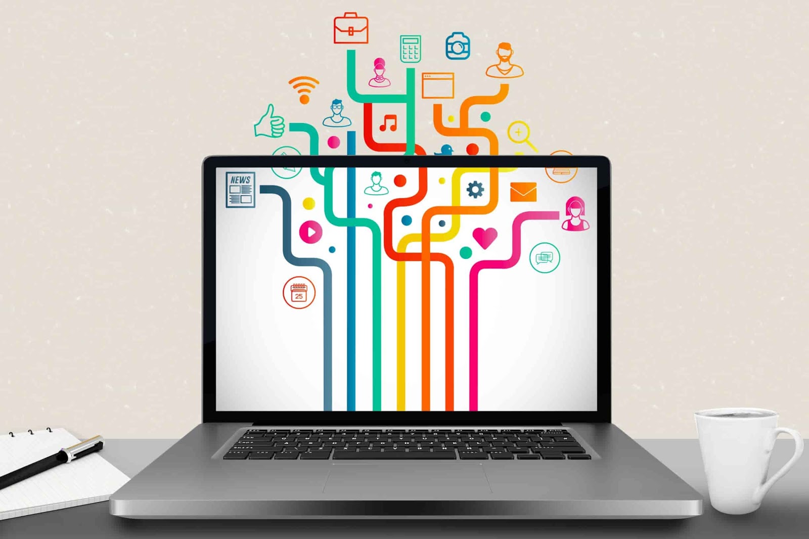Imagem vetorizada mostrando ícones saindo pela tela de um laptop.