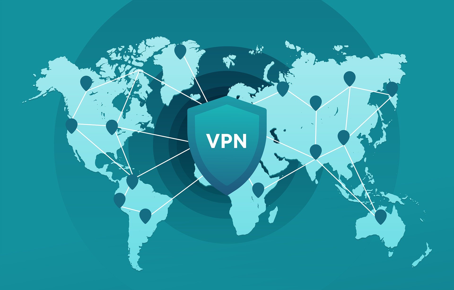 Descubra como funciona e como usar VPN em sua rede Mapa mundi conectados por um escudo escrito VPN