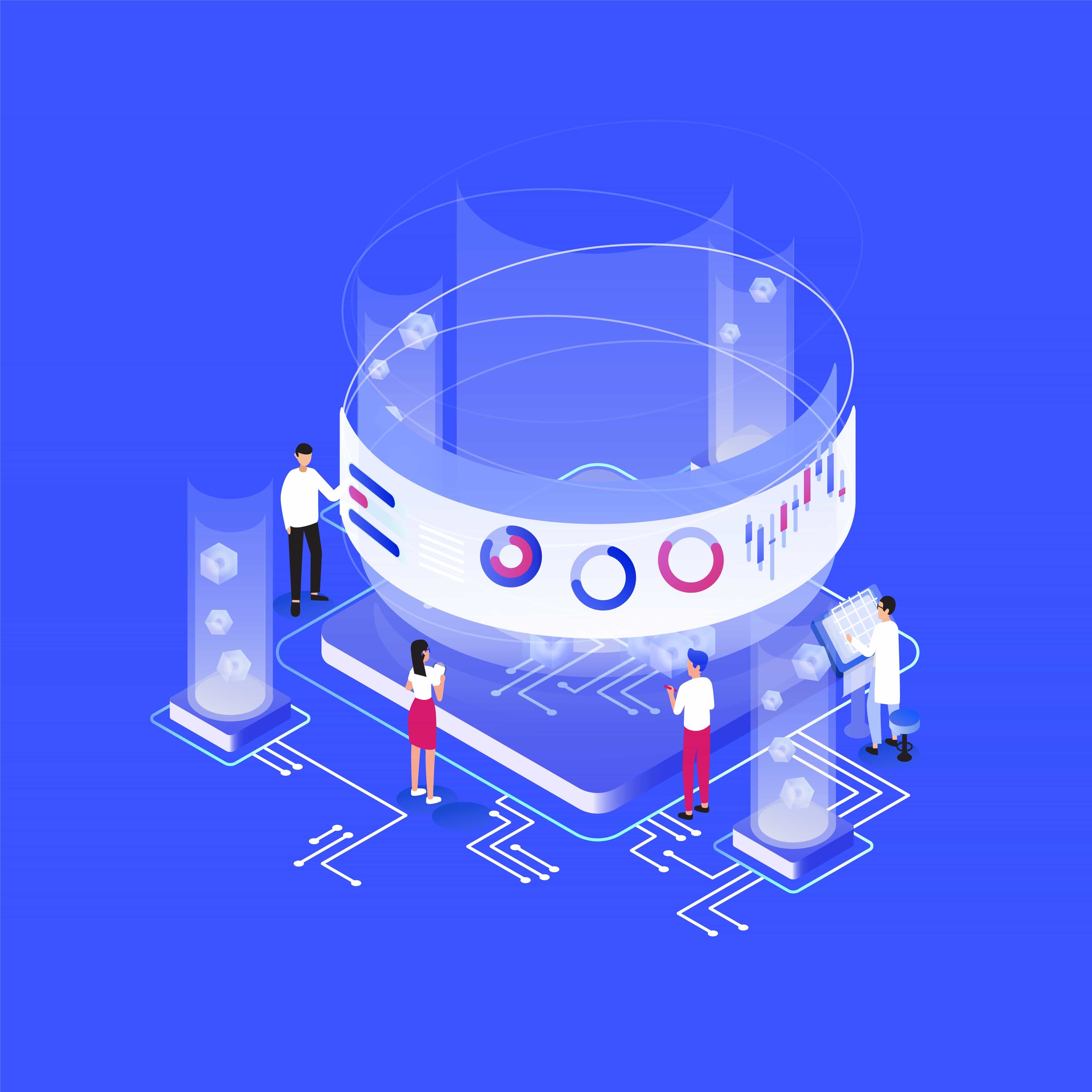 Imagem vetorizada mostrando pessoas trabalhando para proteger dados