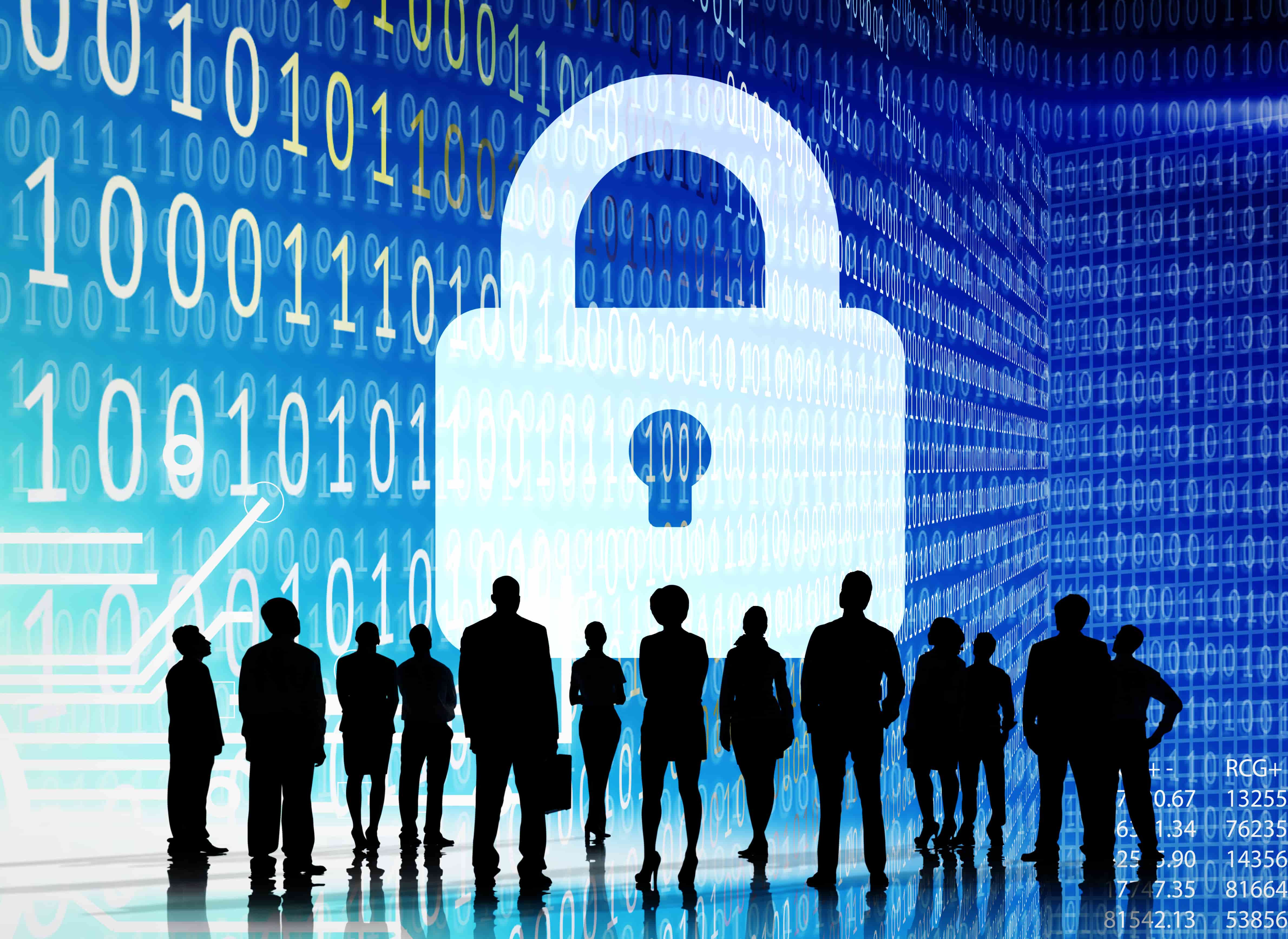 Imagem vetorizada mostrando sombra de pessoas e ao fundo um enorme cadeado representando a segurança e privacidade das pessoas.