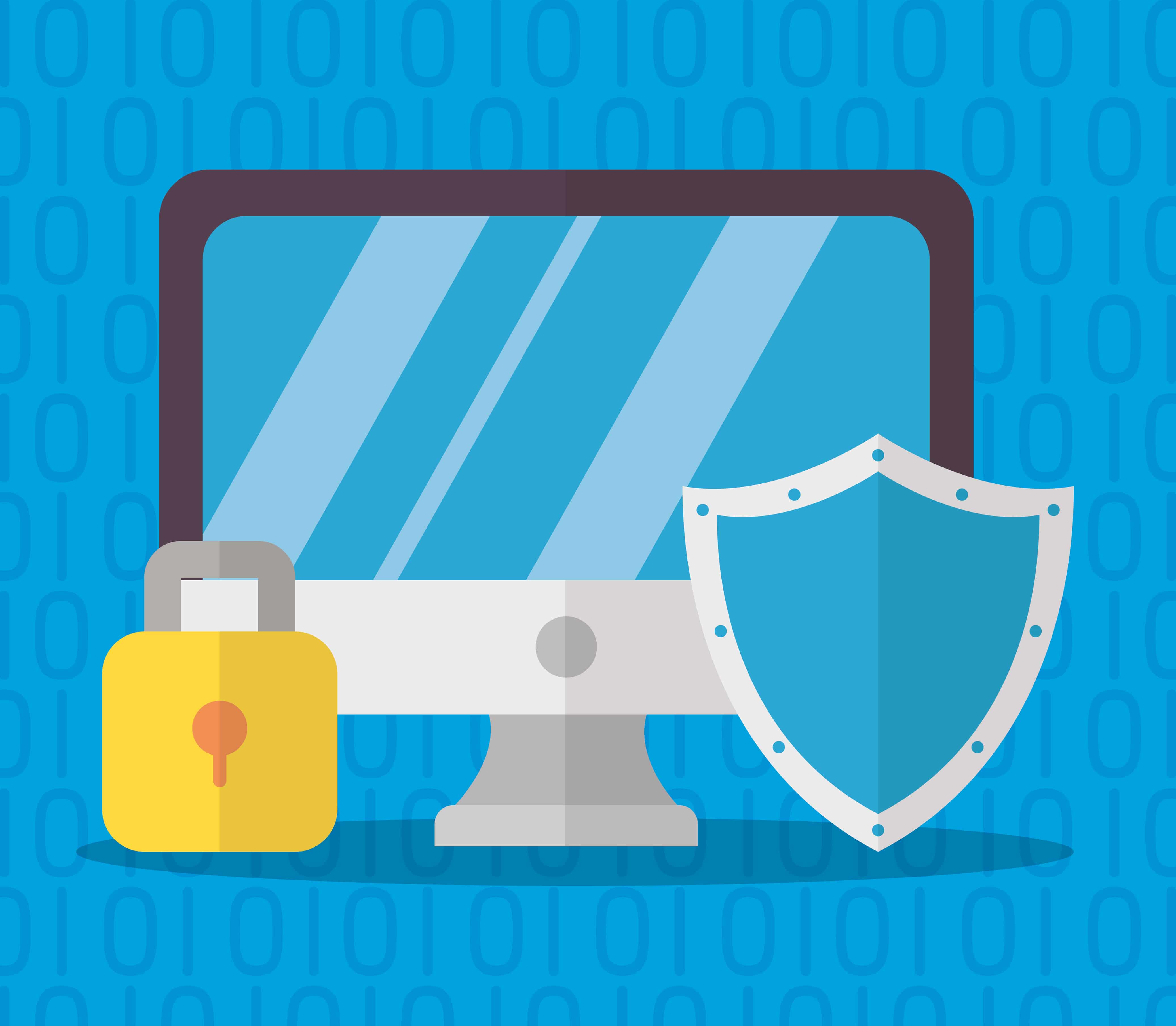 Imagem vetorizada de uma tela de computador e ao lado imagem de um cadeado e um escudo