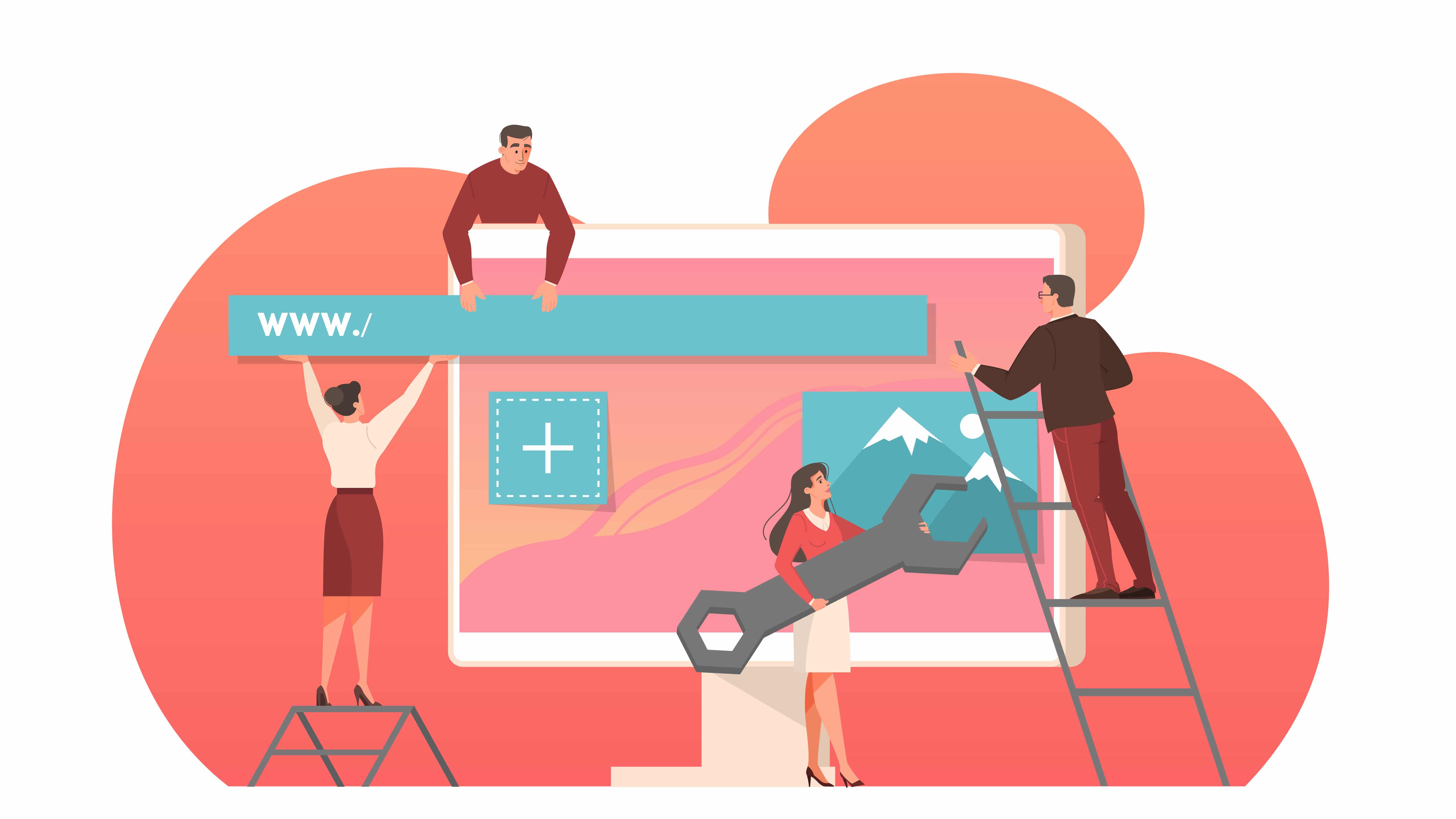 Imagem vetorizada de pessoas construindo as páginas de pesquisa.