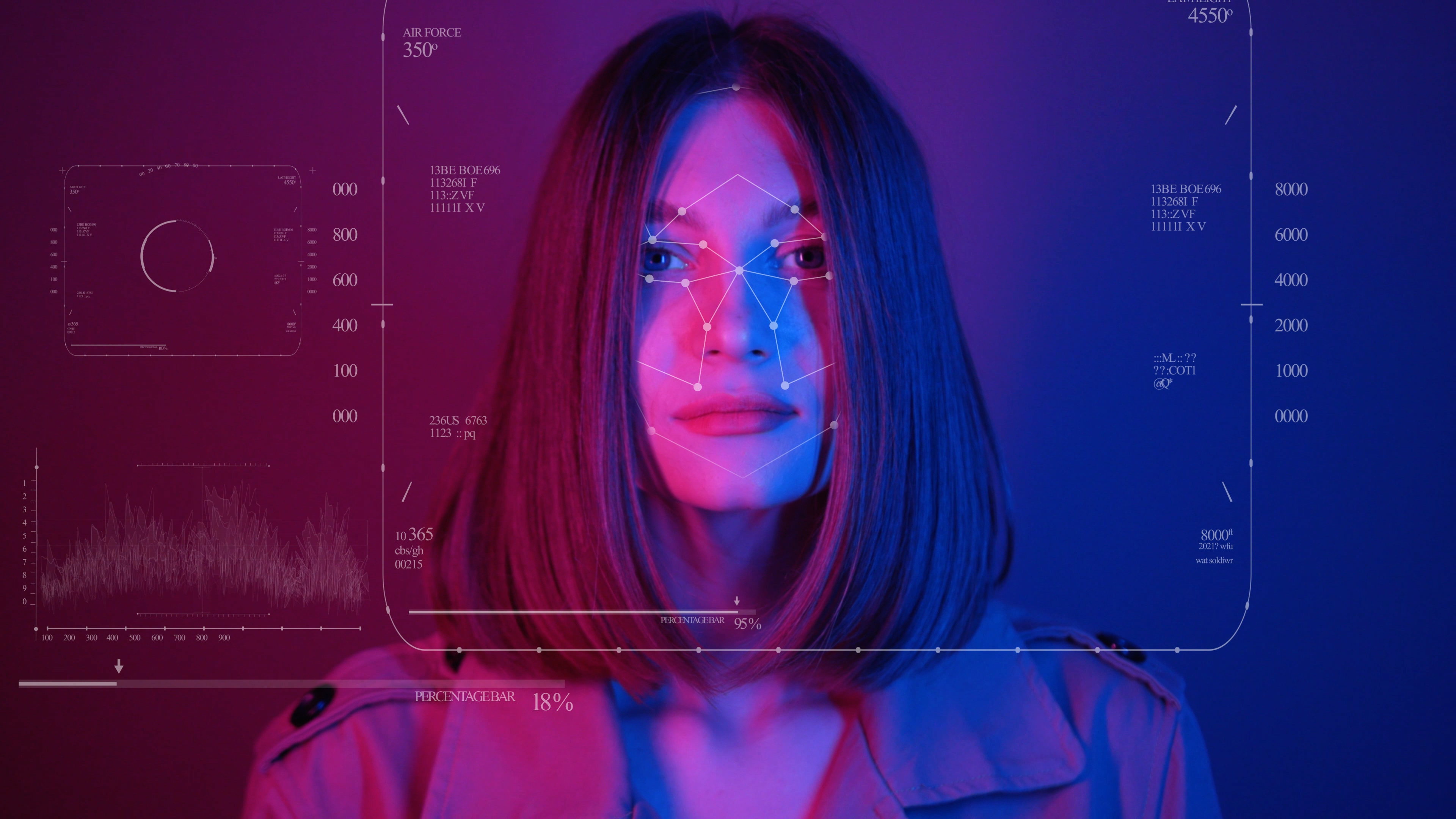 biometria facial Imagem escura com tons de rosa e azul, no centro da imagem há uma mulher branca com o cabelo liso até os ombros, ela está usando uma jaqueta bege e ao redor do seu rosto há linhas desenhadas, assim como em cima do rosto dela também, as linhas em cima do rosto contém pontos, a fotografia representa a tecnologia de biometria facial.