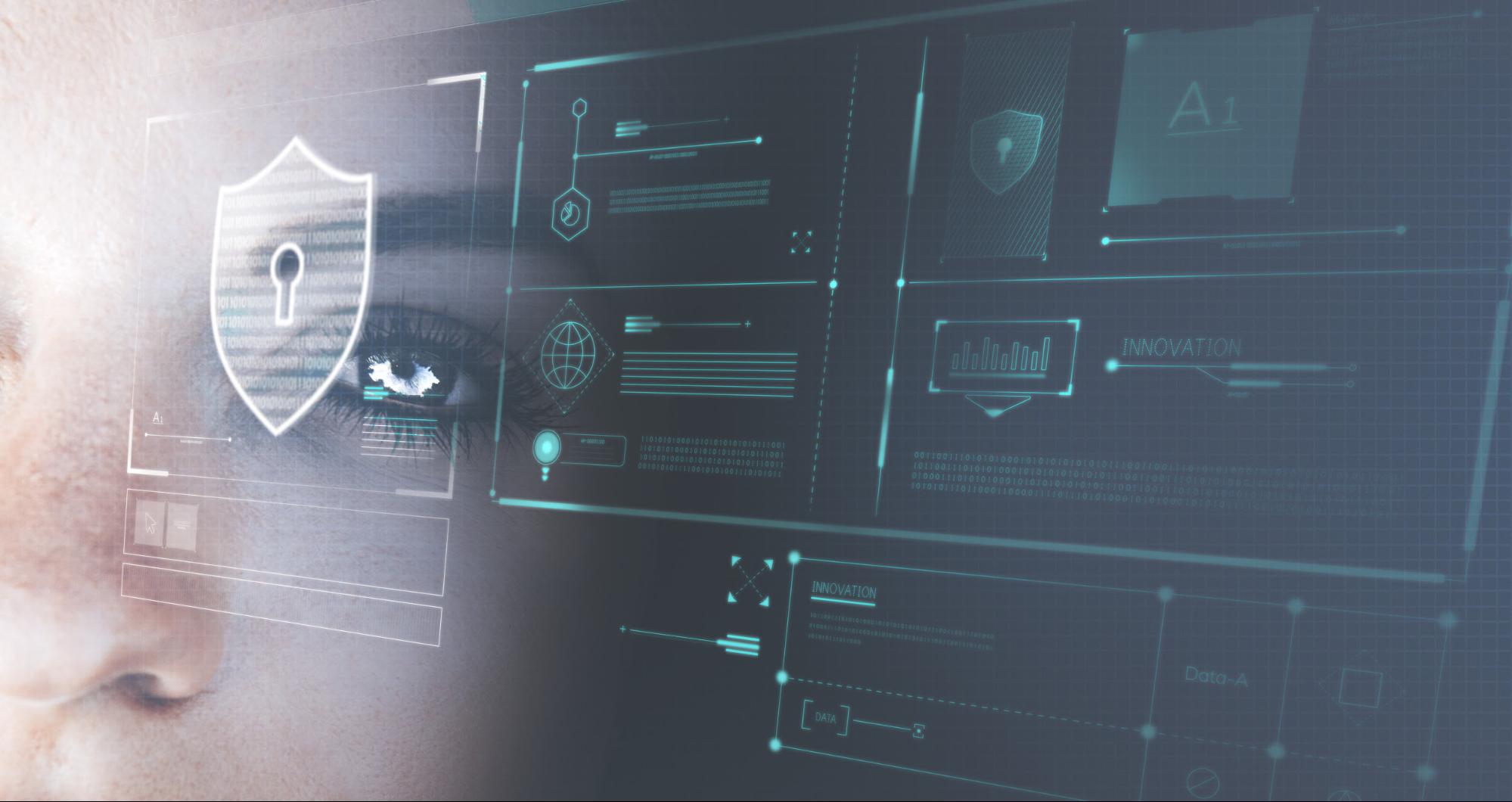 automação comercial Imagem escura com linhas e símbolos de computador, do lado esquerdo há a metade do rosto de uma mulher branca, aparelho um olho dela e perto deste olho há um símbolo de escudo com uma fechadura no meio