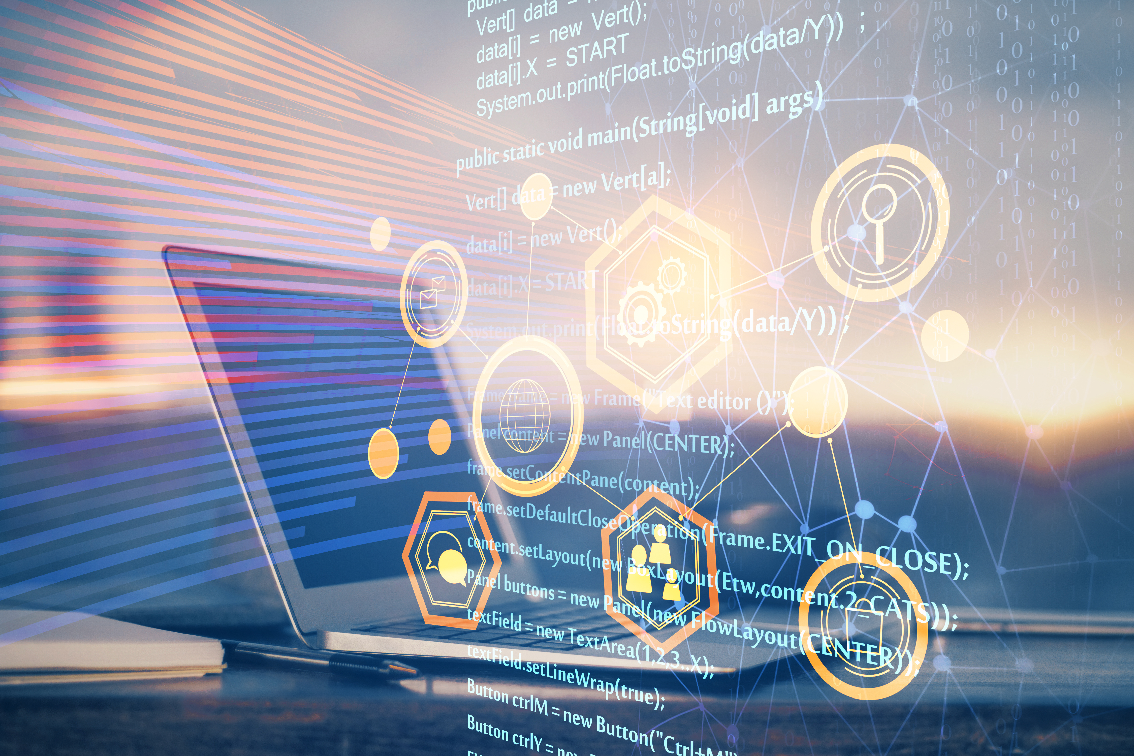 Imagem de um notebook com artes digitais por cima de losangos com símbolos de informática no meio, simbolizando as vantagens do bi