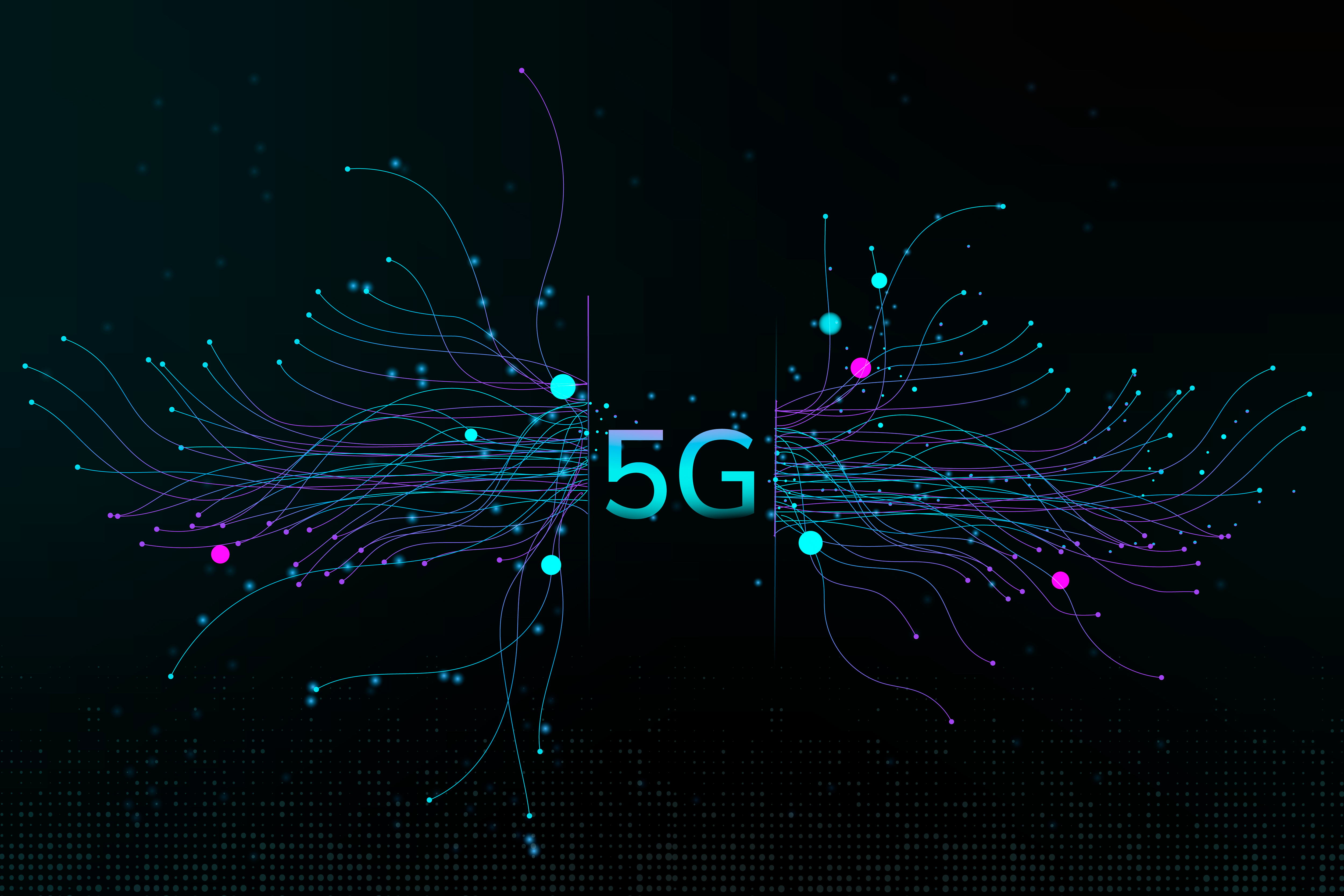 Imagem com fundo preto e na frente há um desenho digital de linhas e bolinhas conectadas nessas linhas, elas saem de um ponto comum no centro da imagem que está escrito 5G em azul e rosa