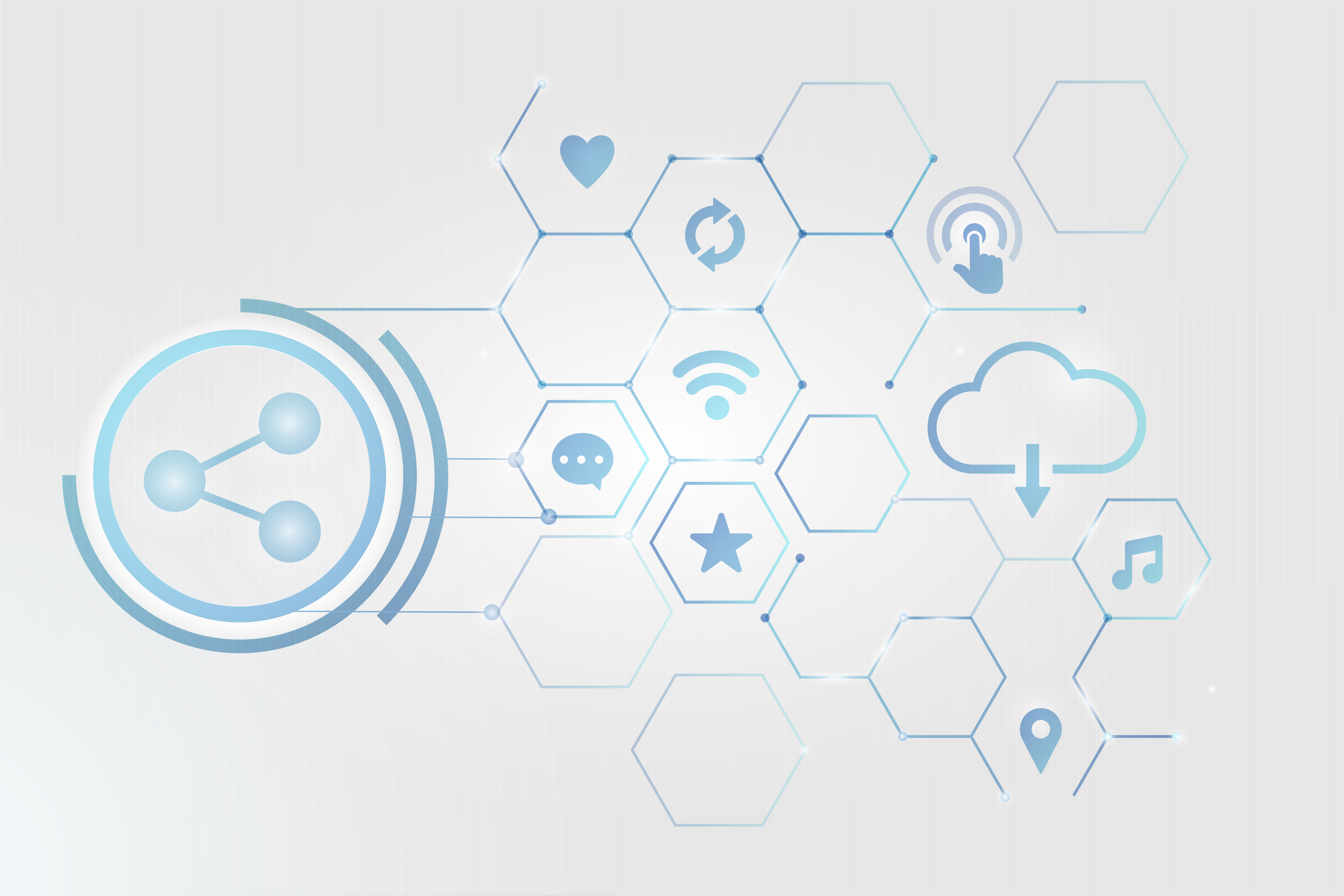  Imagem que representa a tecnologia de internet em nuvem e também a infraestrutura de TI. Imagem digital com fundo branco e com símbolos ao centro conectados por meio de linhas e losangos, como os símbolos de wi-fi, localização, conexão, coração, estrela e música. 