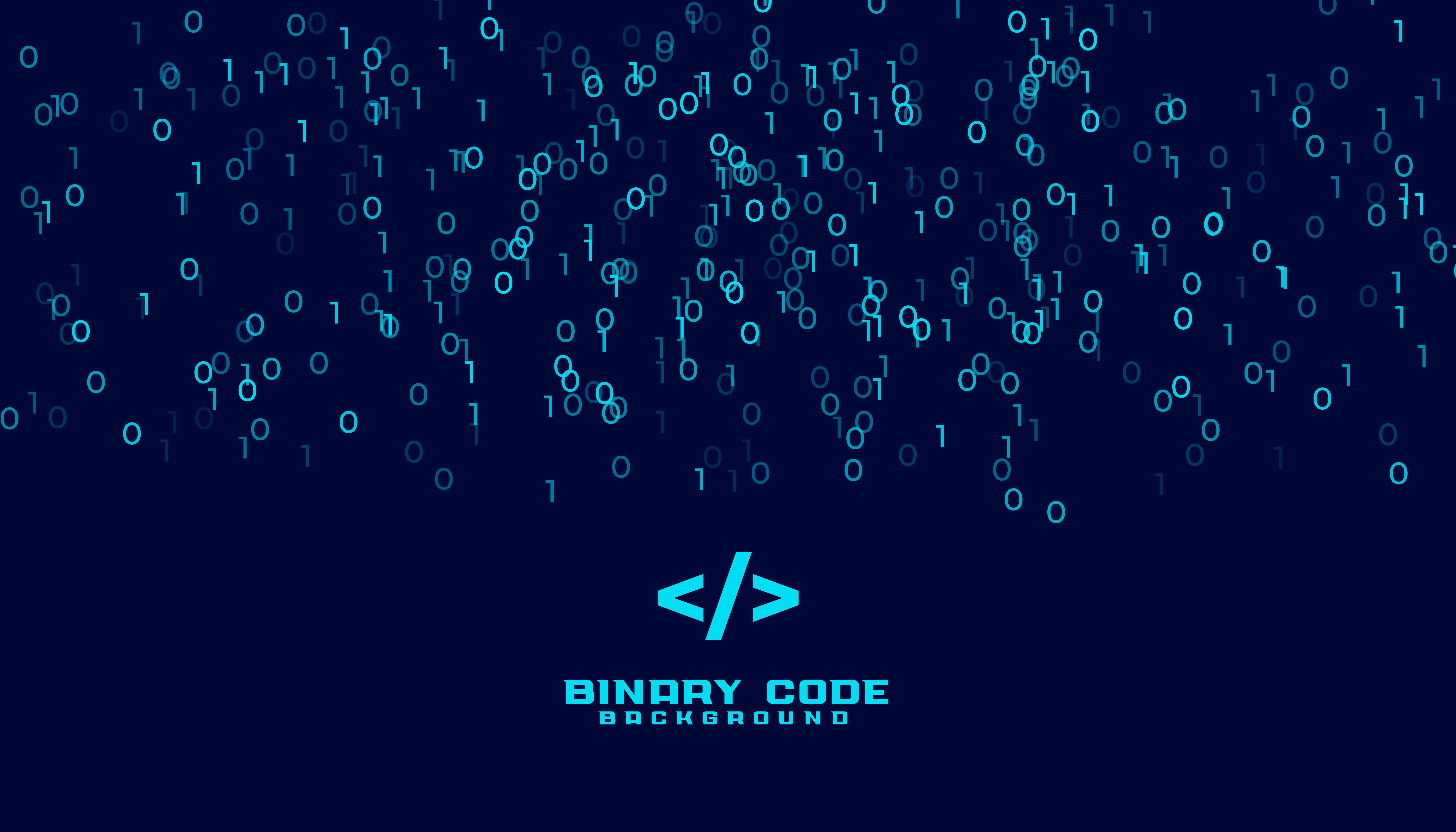 linguagens-de-programação Imagem de um desenho digital que apresenta um fundo azul com vários 1 e 0 caindo de cima para baixo e, ao centro, há um símbolo de linguagens de programação e, abaixo dele, está escrito “binary code - background”