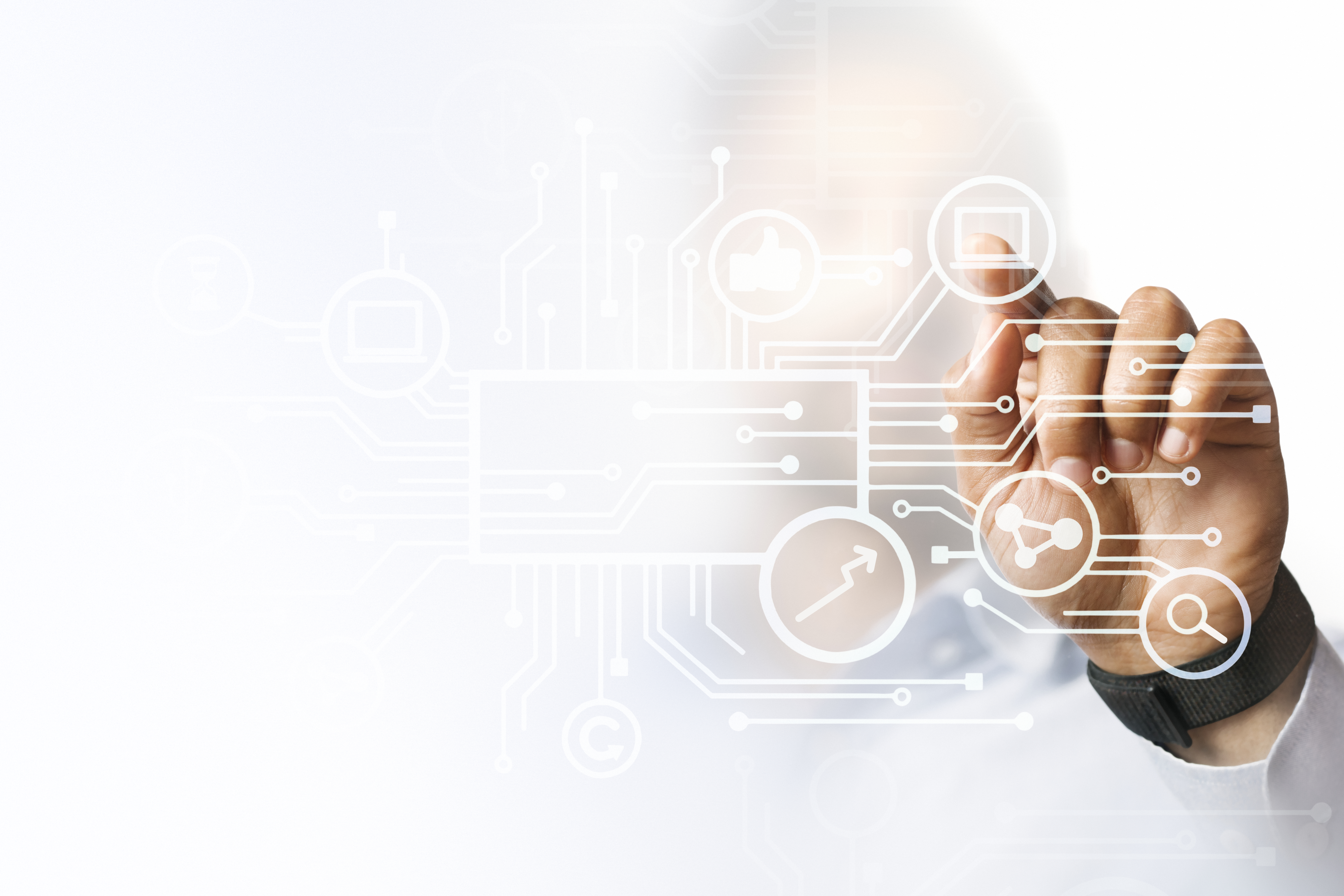  Empresário apontando para sua apresentação na tela digital futurista