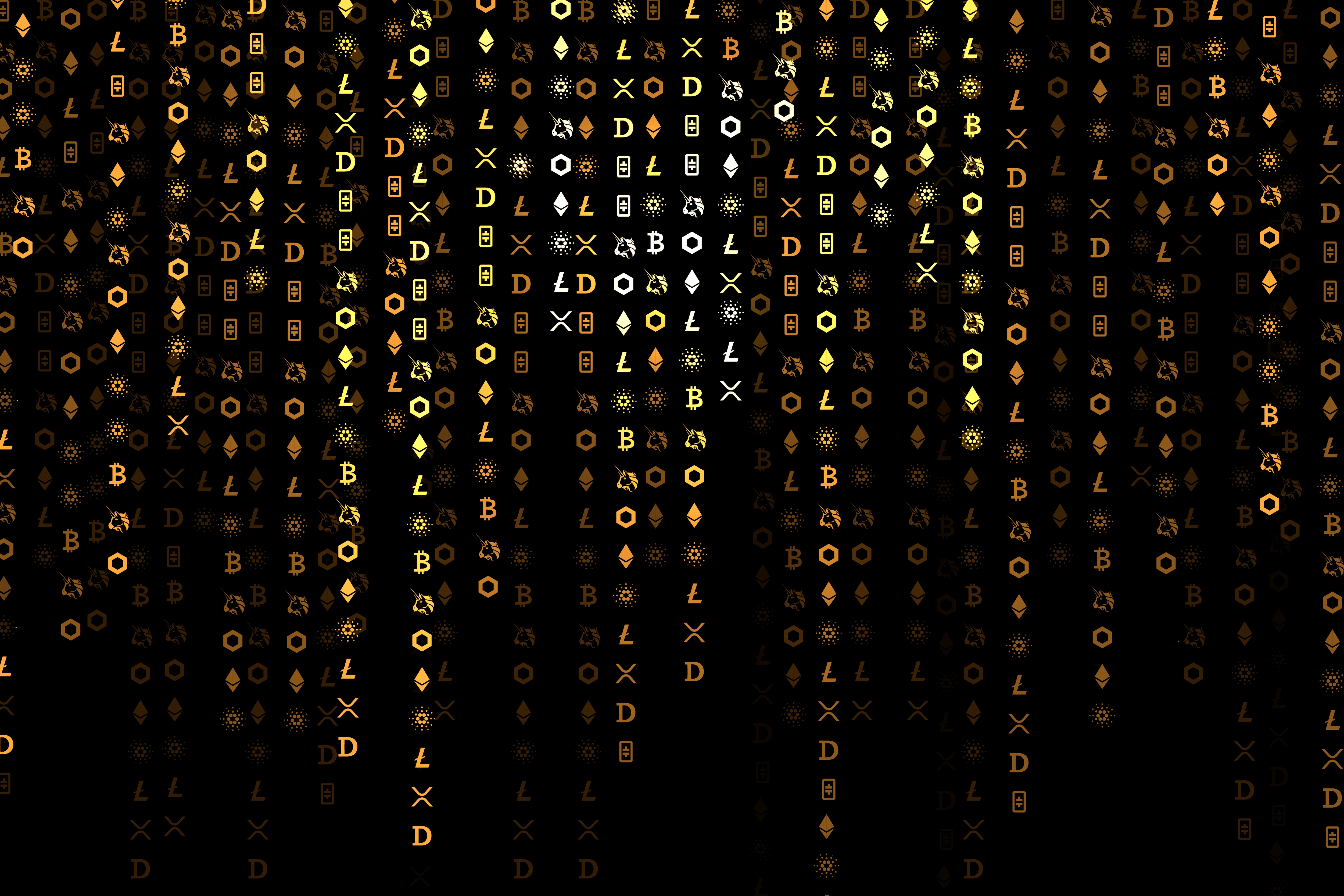 Imagem digital com fundo escuro e com vários símbolos de criptomoedas e criptografia em filas, de cores laranja e amarela, e algumas brancas. A imagem simula a tecnologia blockchain. 