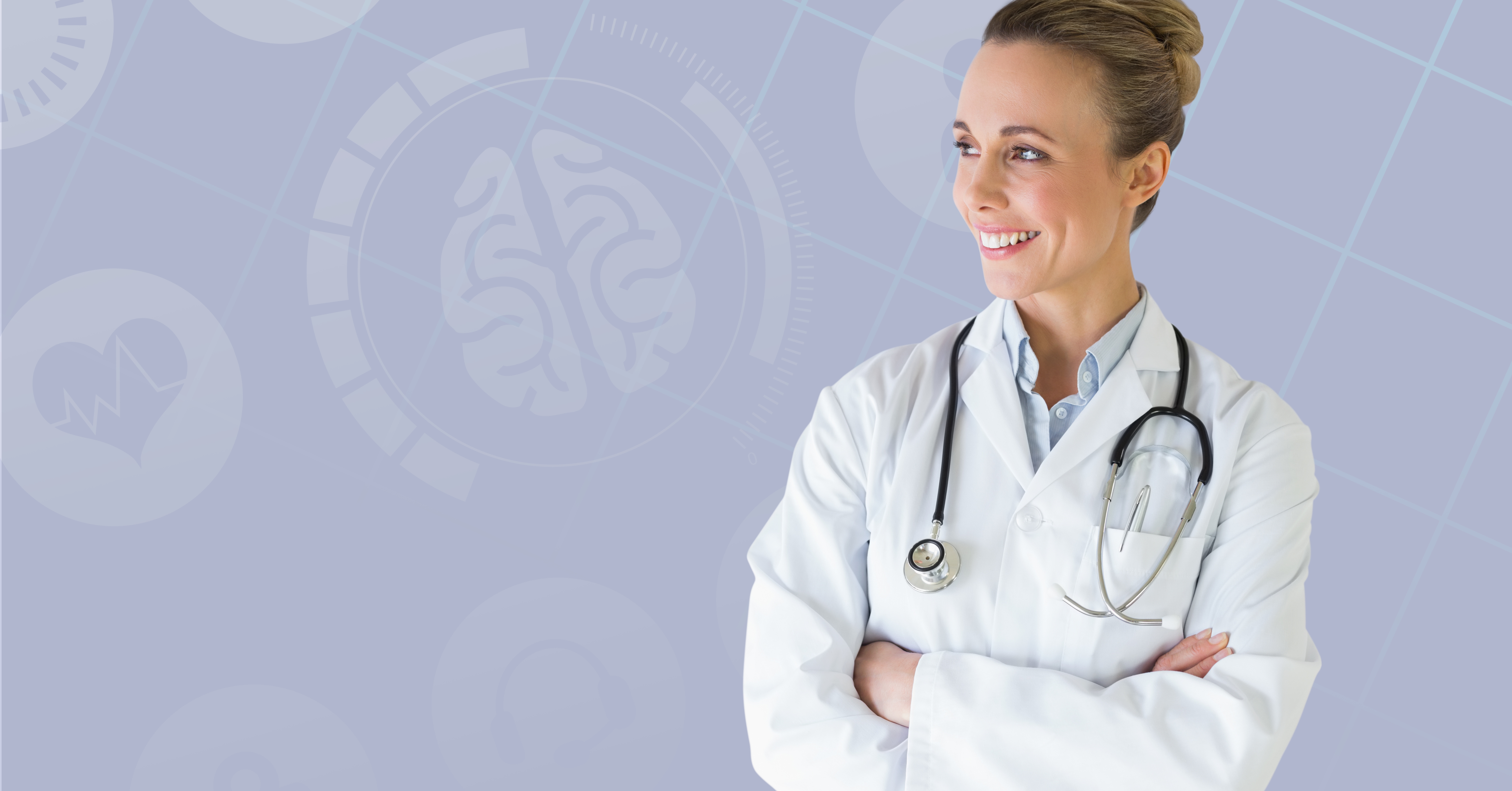 Image com o fundo em roxo claro e com símbolos da área da saúde como um coração com batimentos cardíacos e um cérebro e, do lado direito, há uma médica branca, de cabelos presos, com um estetoscópio pendurado no pescoço, ela está olhando para o lado esquerdo e sorri.