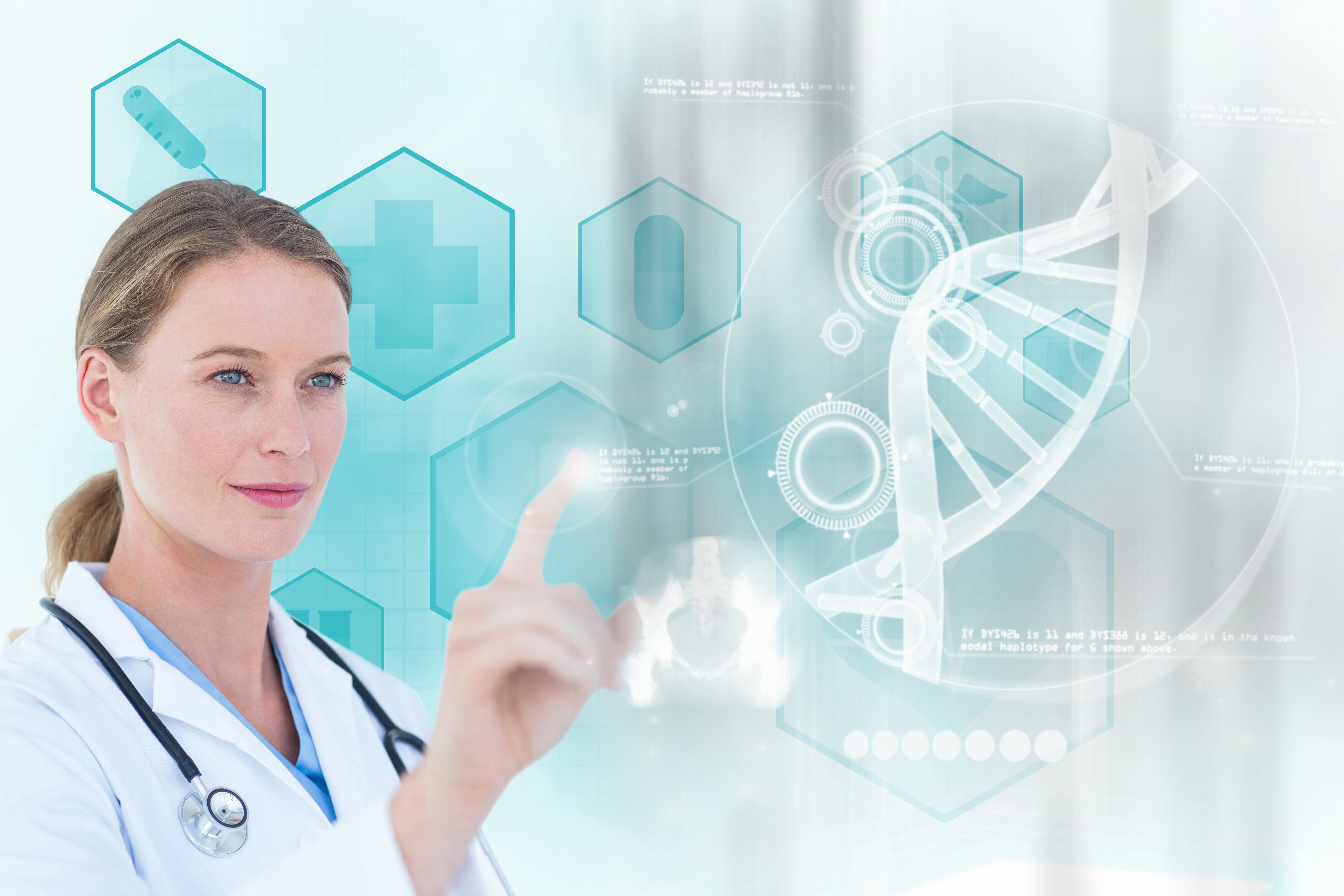 Imagem com fundo azul claro e branco com símbolos em losangos da área da saúde, do lado direito há um dna sinalizado em um círculo branco e, do lado esquerdo, há uma médica branca teclando no símbolo de dna.