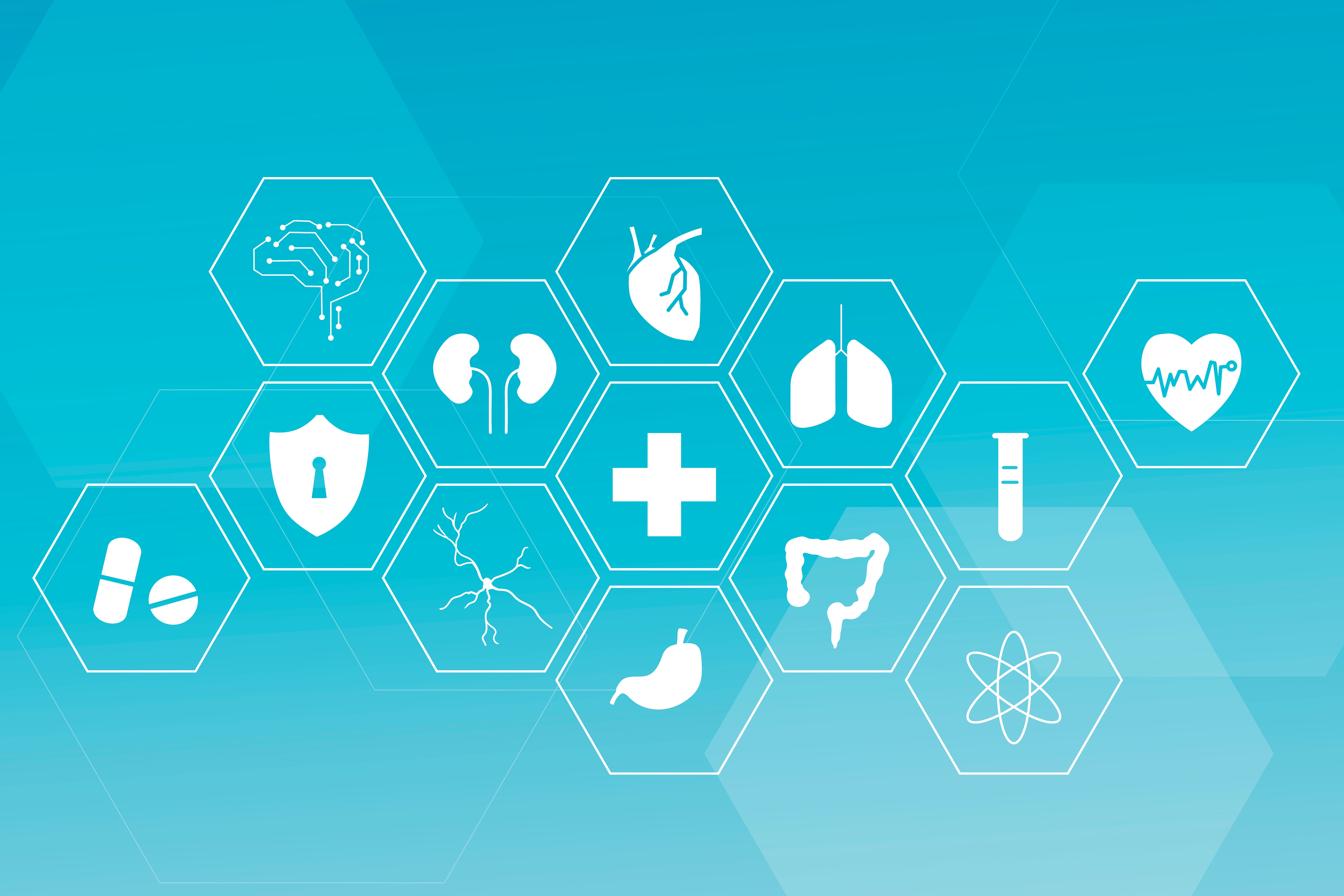 Imagem com fundo azul claro com diversos símbolos da área da saúde dentro de losangos, alguns são: o “mais” da área da saúde, medicamento, coração, estômago, coração com batimento cardíacos, moléculas, amostra, segurança e neurônios.