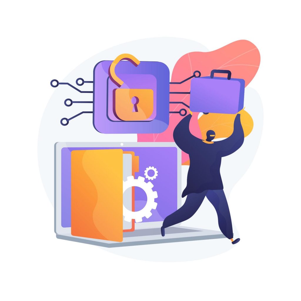 Imagem de um desenho digital em que há um notebook gigante com uma pasta de arquivos aberta, um homem andando com uma maleta nas mãos e um cadeado aberto. Tudo isso representa um ataque cibernético que pode acontecer sem o uso da ferramenta DLP. 