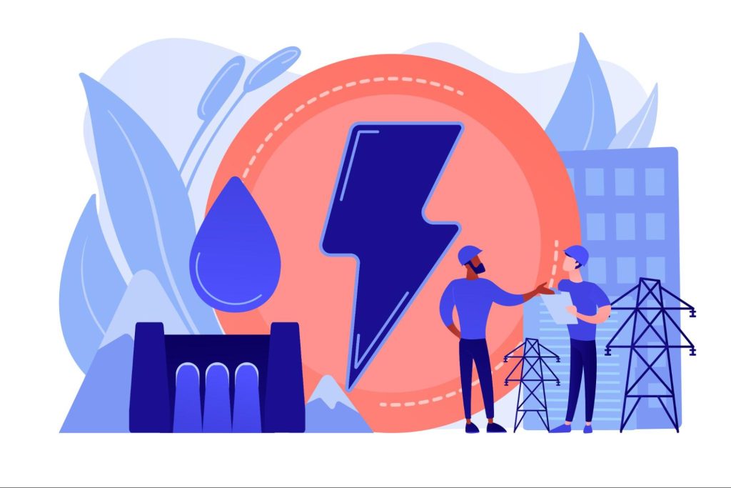  Imagem de um desenho digital em que há tons de azul e laranja, ao fundo uma paisagem minimalista com montanhas, usina hidrelétrica e folhas e, no primeiro plano, a energia simbolizada por um raio, uma gota de água e um círculo para dar destaque. Por fim, do lado direito, há dois homens com capacetes conversando e, perto deles, torres de energia.
