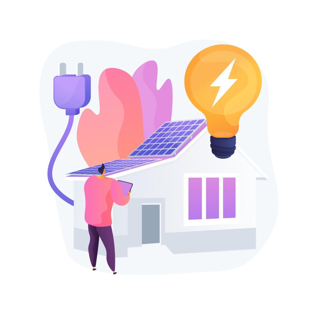 Imagem de um desenho digital em que há, da esquerda para a direita, uma tomada roxa, uma casa com energia solar, um homem segurando um aparelho eletrônico e, por fim, uma lâmpada amarela com um raio desenhado no centro dela. O desenho representa a energia e como os tipos de nobreak podem prevenir danos nos aparelhos eletrônicos. 