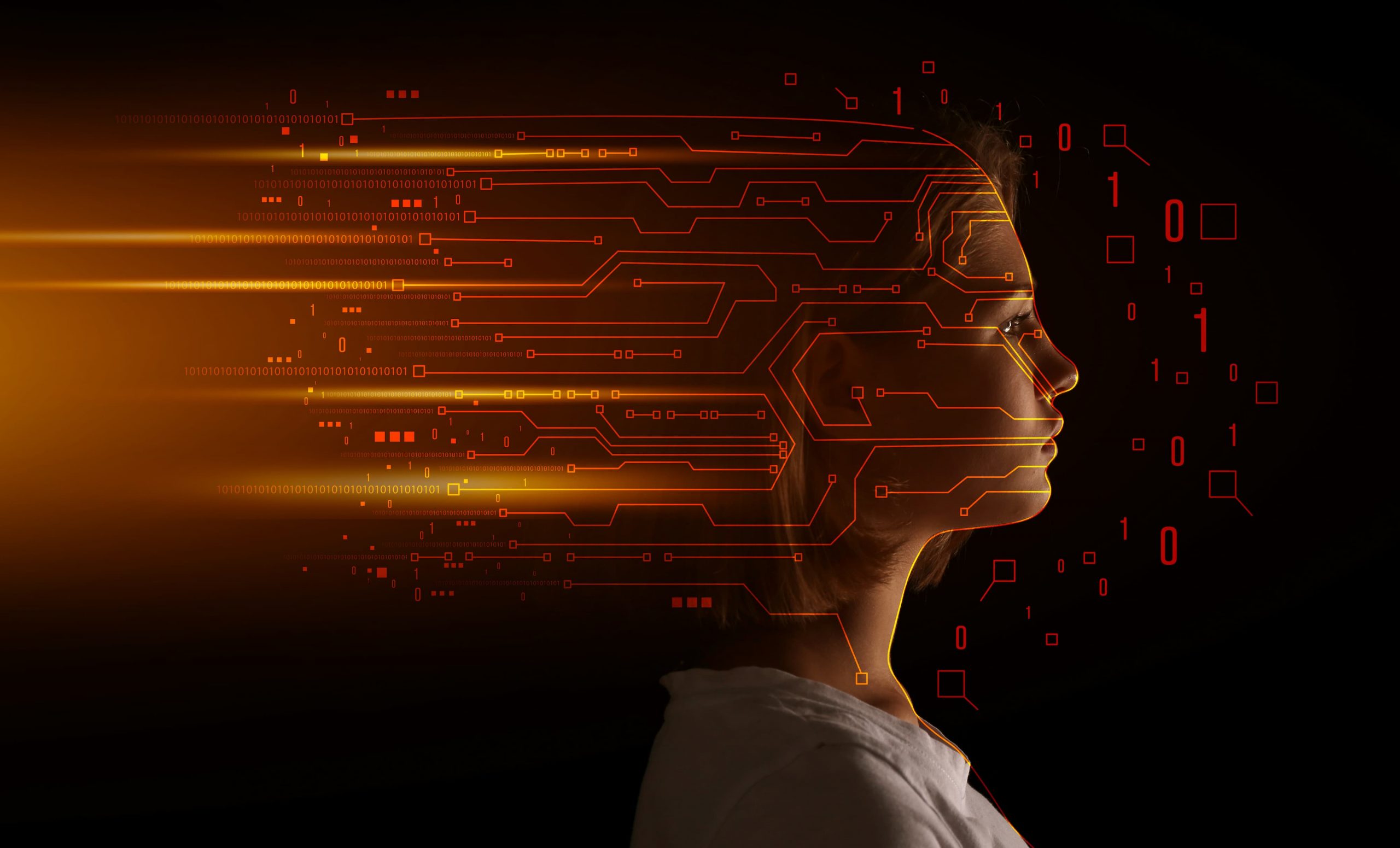 machine learning e inteligência artificial capa mulher branca de perfil com elementos robóticos holográficos sob seu rosto.