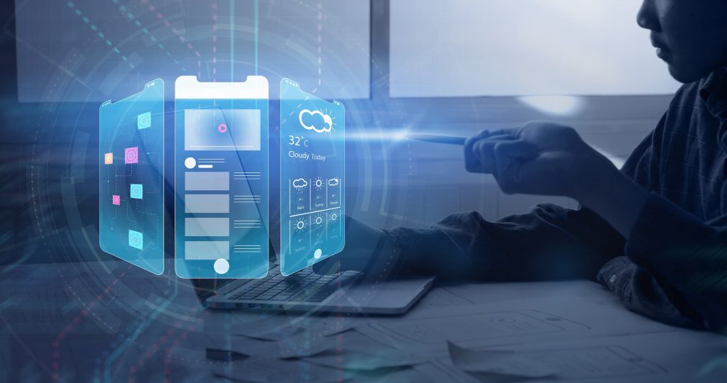Holograma tecnológico de diferentes telas de celular, fazendo alusão a UI/UX design.