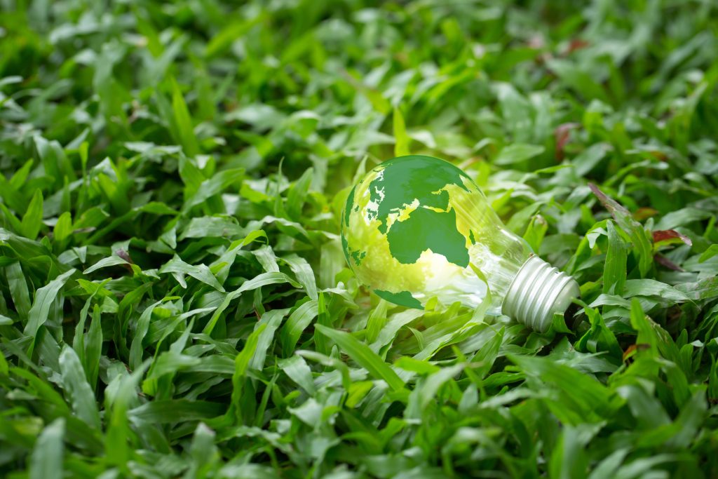 Lâmpada acesa desenhada com um mapa mundi em verde sobre grama. 