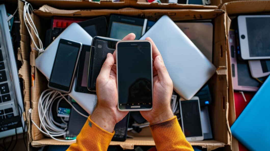 Pessoa segurando celular, com caixas abaixo apresentando mais equipamentos eletrônicos, como também tablets, notebooks e cabos eletrônicos.